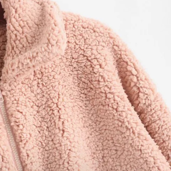 ZAFUL X Yasmine Bateman Pocket Zipper Drop Shoulder Fluffy Teddy Coat - Pink L - Picture 5 of 11